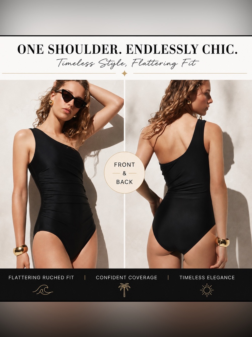 J.Crew Sleek Ruched One-Shoulder One-Piece Swimsuit Black Classic Glamour Sexy